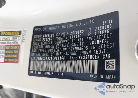 2019 Honda Clarity Plug-In Hybrid Touring from USA, damaged, VIN JHMZC5F32KC001468